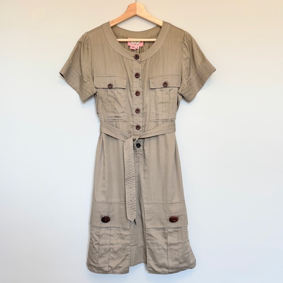 Phoebe Couture Size 8 Safari Shirt Dress Short Sleeve Midi Buttons Khaki Utility - Picture 1 of 13